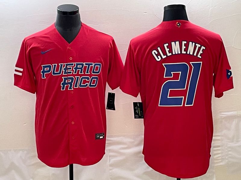 Men 2023 World Cub Puerto Rico #21 Clemente Red Nike MLB Jersey3